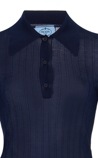 Shop Prada Ribbed Knit Cashmere Silk Top In Navy