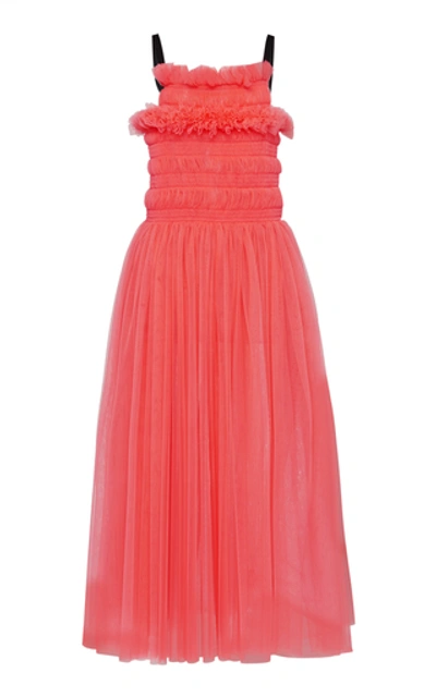Shop Molly Goddard Shelly Tie-back Smocked Tulle Midi Dress In Pink
