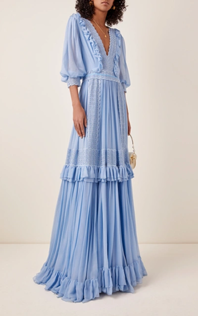 Shop Costarellos Tiered Silk Chiffon Maxi Dress In Blue