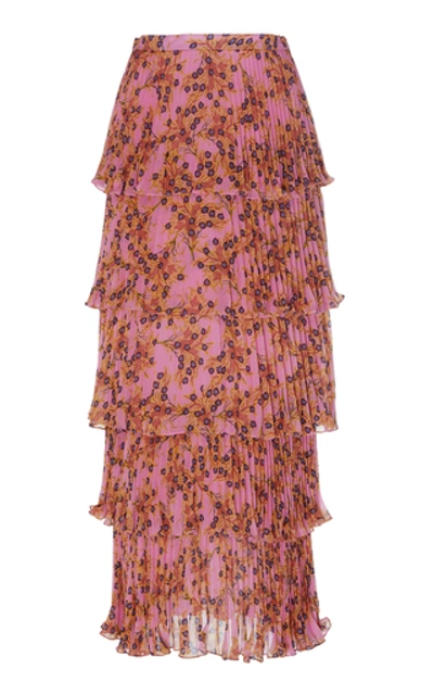 Shop Alexis Fleura Printed Pleated Georgette Midi Skirt In Pink
