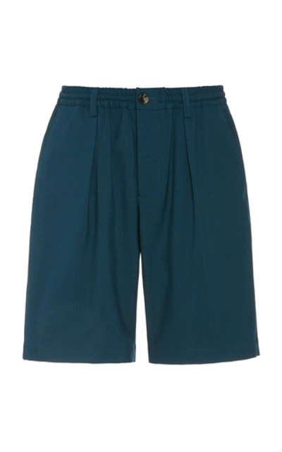 Shop Marni Pleated Tropical Wool Shorts In Navy