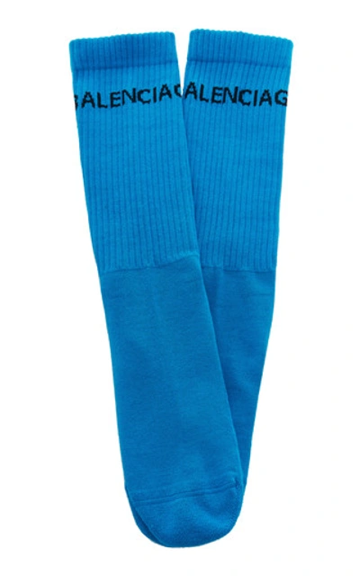 Shop Balenciaga Ribbed Logo Cotton-blend Socks In Blue