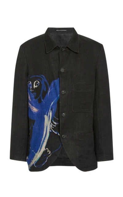 Shop Yohji Yamamoto Printed Flax Blazer In Black