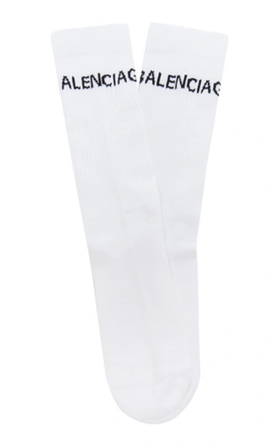 Shop Balenciaga Ribbed Logo Cotton-blend Socks In White