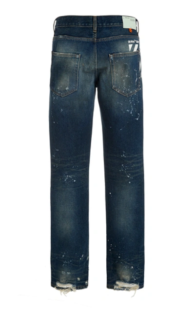 Shop Off-white Distressed Rigid Mid-rise Slim-leg Jeans In Medium Wash