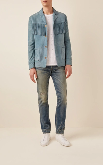 Shop Amiri Fringe Suede Jacket In Blue