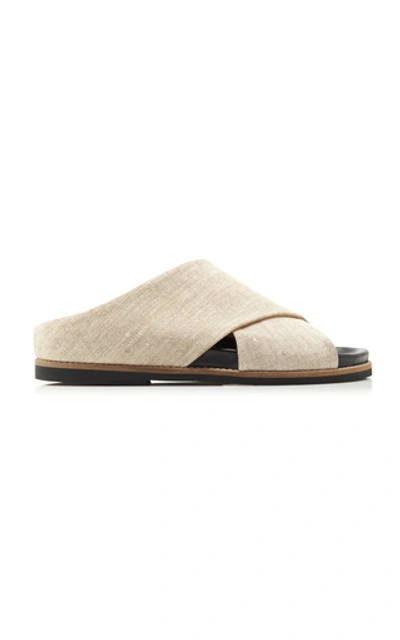 Shop Ganni Linen Slides In Neutral