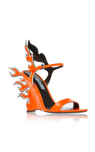 Shop Prada Flame Patent Leather Wedge Sandals In Orange