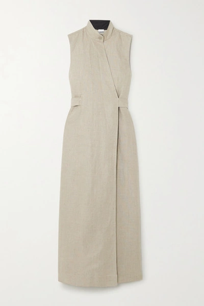 Shop Ganni Belted Linen Wrap Dress In Beige