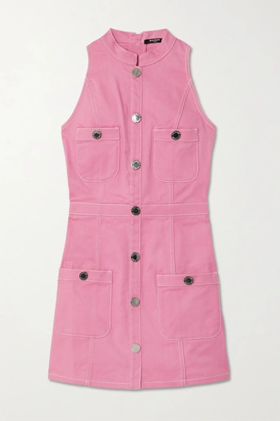 Shop Balmain Button-embellished Denim Mini Dress In Pink