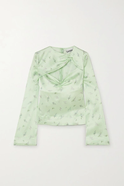 Shop Ganni Cutout Ruched Floral-print Stretch-silk Satin Top In Light Green