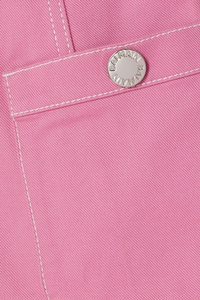 Shop Balmain Button-embellished Denim Mini Dress In Pink