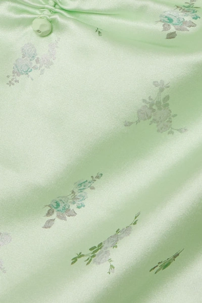 Shop Ganni Cutout Ruched Floral-print Stretch-silk Satin Top In Light Green