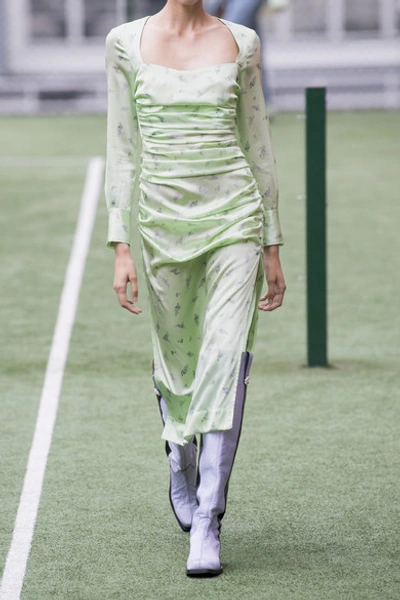 Shop Ganni Ruched Floral-print Stretch-silk Satin Midi Dress In Light Green