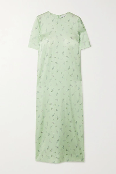 Shop Ganni Floral-print Stretch-silk Satin Dress In Light Green