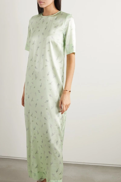 Shop Ganni Floral-print Stretch-silk Satin Dress In Light Green