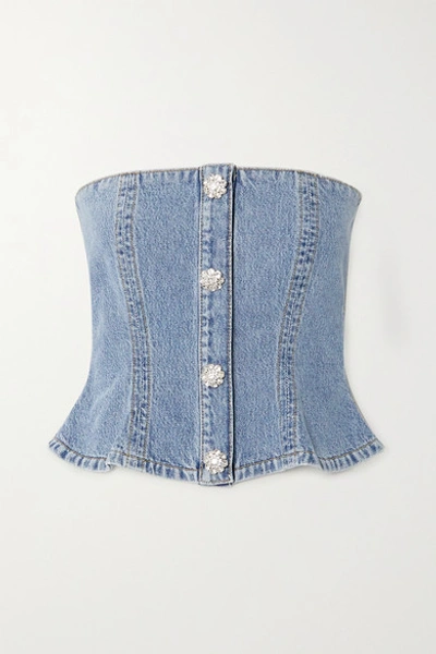 Shop Ganni Crystal-embellished Denim Bustier Top In Light Denim