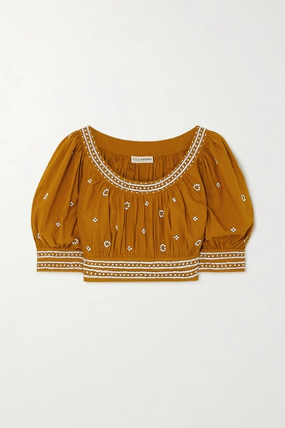 Shop Ulla Johnson Zola Cropped Bead-embellished Cotton Top In Mustard