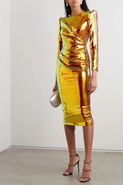 Shop Alex Perry Kelsey Sequined Crepe Midi Dress In Gold