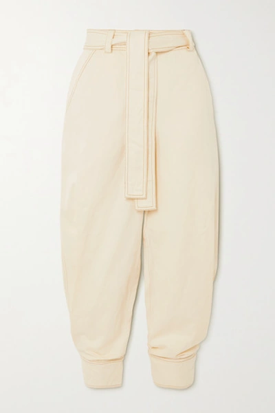 Shop Ulla Johnson Levi Belted Cotton And Linen-blend Twill Tapered Pants In Ivory