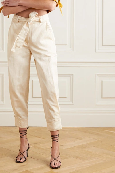 Shop Ulla Johnson Levi Belted Cotton And Linen-blend Twill Tapered Pants In Ivory