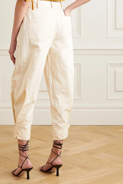 Shop Ulla Johnson Levi Belted Cotton And Linen-blend Twill Tapered Pants In Ivory