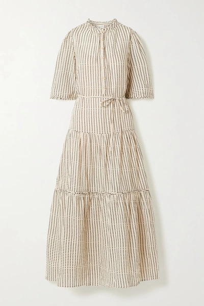 Shop Apiece Apart Alta Tiered Polka-dot Organic Cotton-twill Maxi Dress In Ecru