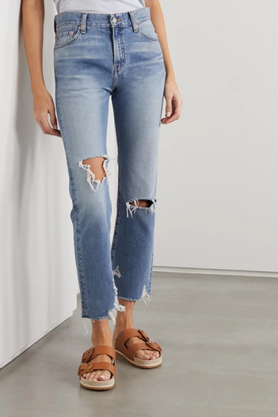Shop Denimist Joni Distressed Mid-rise Slim-leg Jeans In Blue
