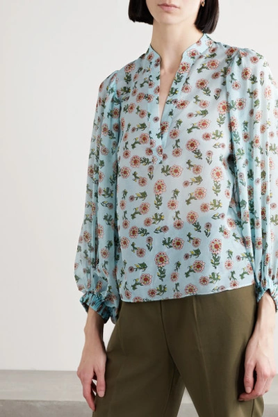 Shop Alice And Olivia Raya Floral-print Cotton And Silk-blend Chiffon Blouse In Light Blue