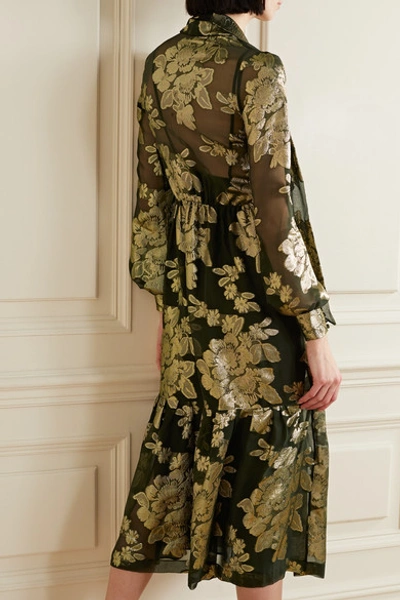 Shop Saint Laurent Pussy-bow Metallic Floral-embroidered Silk-blend Chiffon Midi Dress In Green