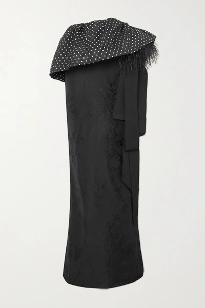 Shop Dries Van Noten Feather-trimmed Polka-dot Satin And Floral-jacquard Maxi Skirt In Black