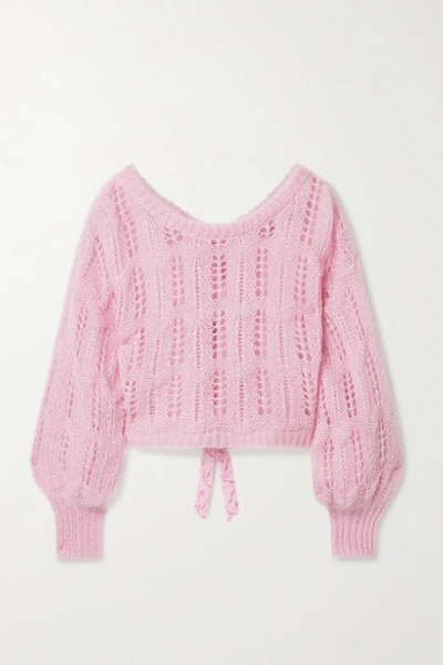 Shop Loveshackfancy Eugenia Cropped Bow-embellished Metallic Open-knit Sweater In Pink