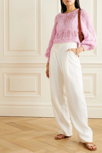 Shop Loveshackfancy Eugenia Cropped Bow-embellished Metallic Open-knit Sweater In Pink