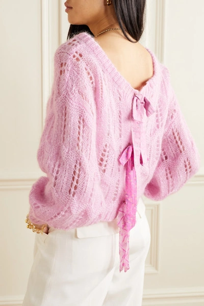 Shop Loveshackfancy Eugenia Cropped Bow-embellished Metallic Open-knit Sweater In Pink