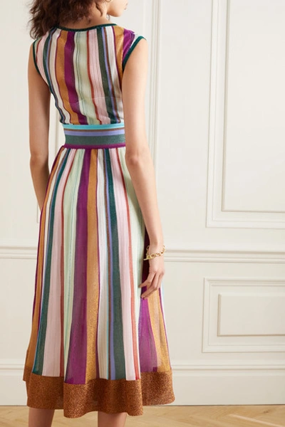 Shop Missoni Wrap-effect Striped Metallic Crochet-knit Midi Dress In Purple