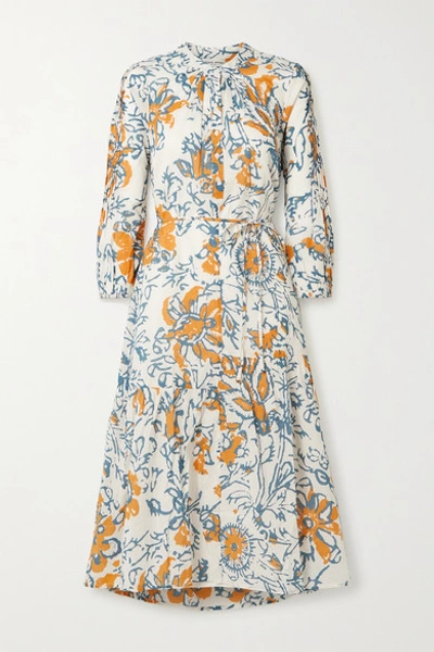 Shop Apiece Apart Esperance Belted Floral-print Organic Cotton-gauze Midi Dress In Blue