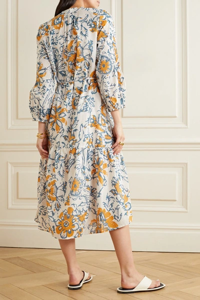 Shop Apiece Apart Esperance Belted Floral-print Organic Cotton-gauze Midi Dress In Blue