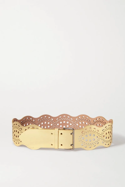 Shop Alaïa Laser-cut Metallic Leather Waist Belt In Gold