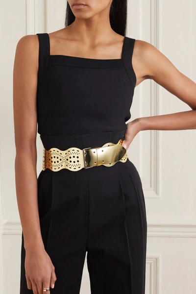 Shop Alaïa Laser-cut Metallic Leather Waist Belt In Gold