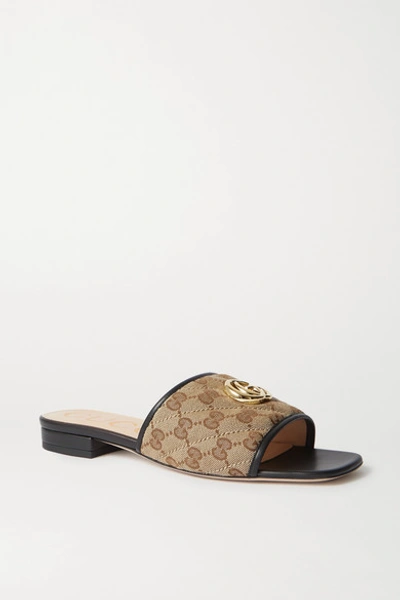 Shop Gucci Jolie Leather-trimmed Embellished Logo-detailed Canvas Slides In Beige