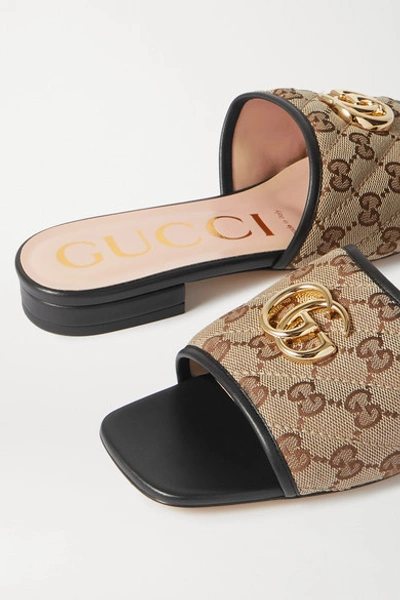 Shop Gucci Jolie Leather-trimmed Embellished Logo-detailed Canvas Slides In Beige