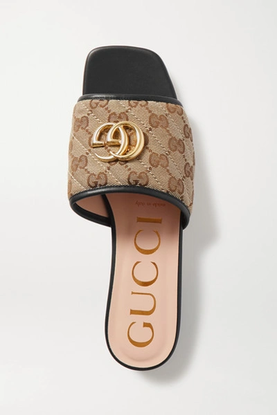 GUCCI Jolie leather-trimmed embellished logo-detailed canvas slides 