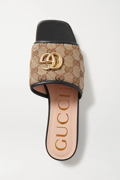 Shop Gucci Jolie Leather-trimmed Embellished Logo-detailed Canvas Slides In Beige