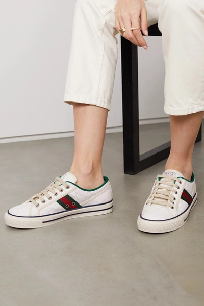 Shop Gucci Tennis 1997 Webbing-trimmed Logo-embroidered Canvas Sneakers In White