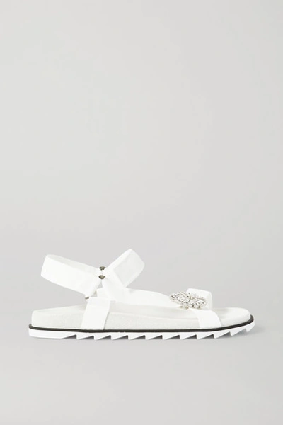 Shop Roger Vivier Trekky Viv Crystal-embellished Grosgrain And Suede Sandals In White