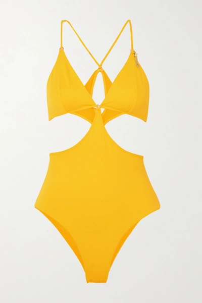 Shop Stella Mccartney Embellished Cutout Swimsuit In Yellow