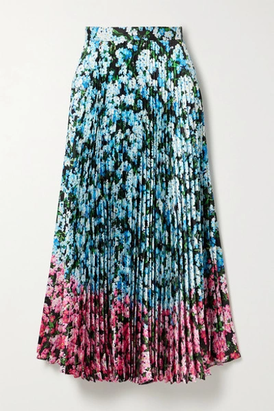 Shop Mary Katrantzou Uni Pleated Floral-print Satin-twill Midi Skirt In Blue
