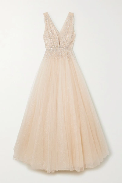 Shop Jenny Packham Jeanne Embellished Glittered Tulle Gown In Gold