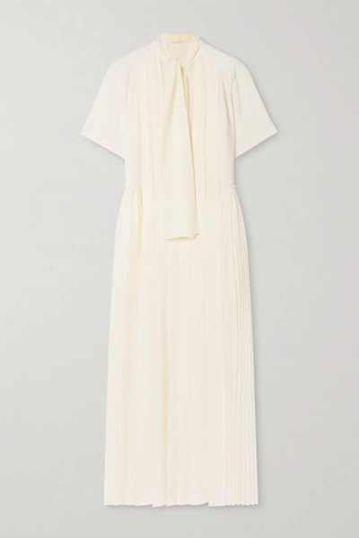 Shop Chloé Pussy-bow Pleated Silk-georgette Maxi Dress In Ivory