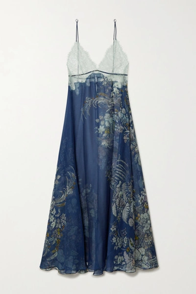 Shop Carine Gilson Lace-trimmed Floral-print Silk-chiffon Nightdress In Blue